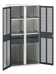 verso ventilated door kitted cupboard with 4 shelves, 4 drawers & partition. WxDxH: 1050x550x2000mm. RAL 7035/5010 or selected Bott Verso Ventilated door Tool Cupboards Cupboard with shelves